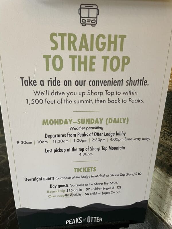 Peaks of Otter - Sharp Top Mountain Hike Shuttle Bus Information